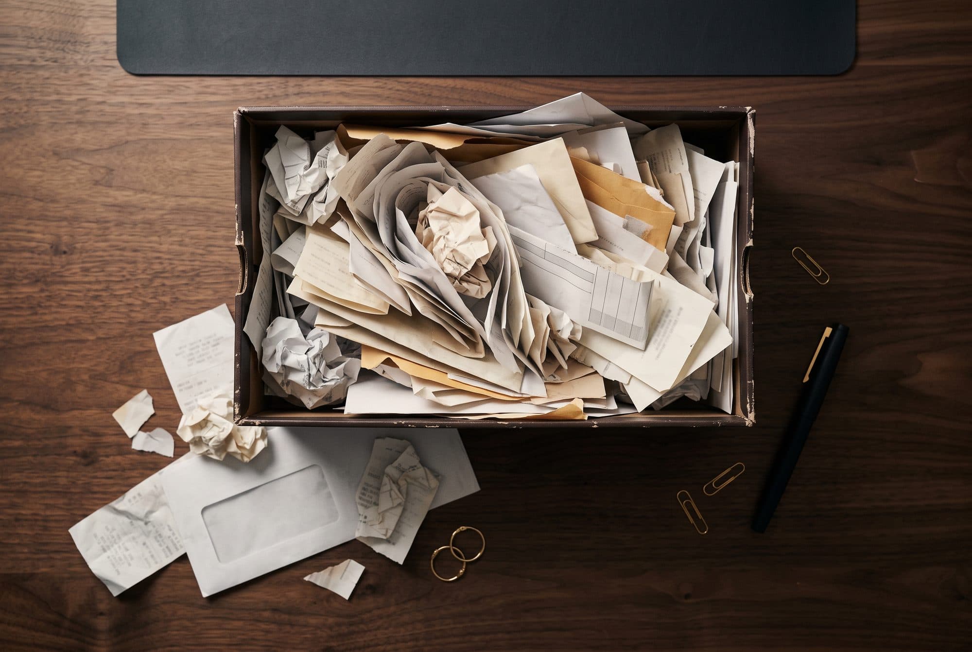 Een schoenendoos vol verfrommelde kastickets, facturen en enveloppen, van bovenaf, op een houten bureau.
