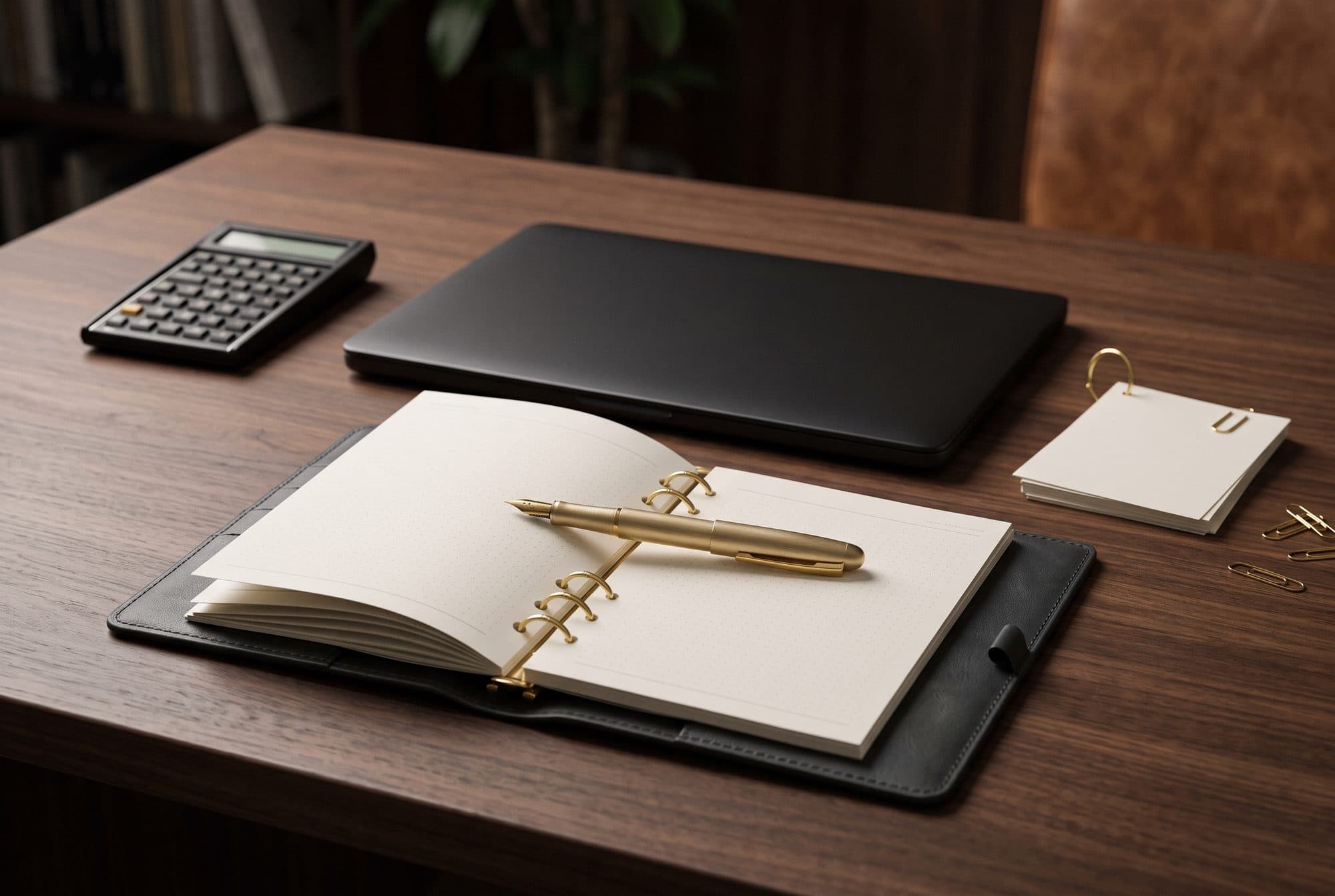 Een opgeruimd bureau met een rekenmachine, een gesloten laptop, een open agenda en een gouden pen.
